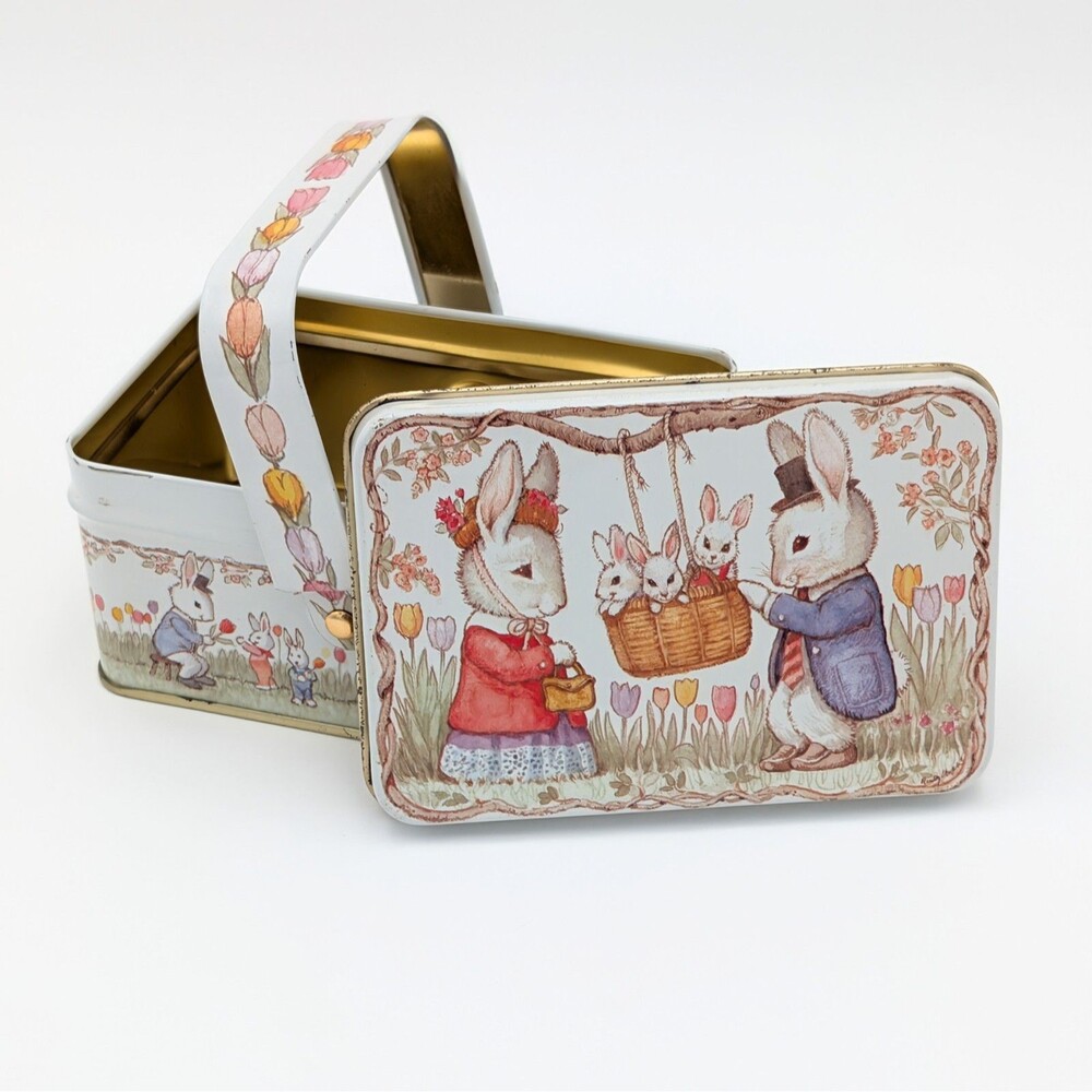Vintage Keller Charles Philadelphia Easter Basket Tin Bunny Rabbit Family Handle